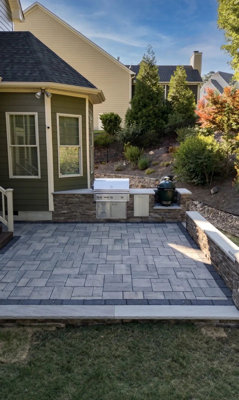 Outdoor kitchen patio below a planted hillside