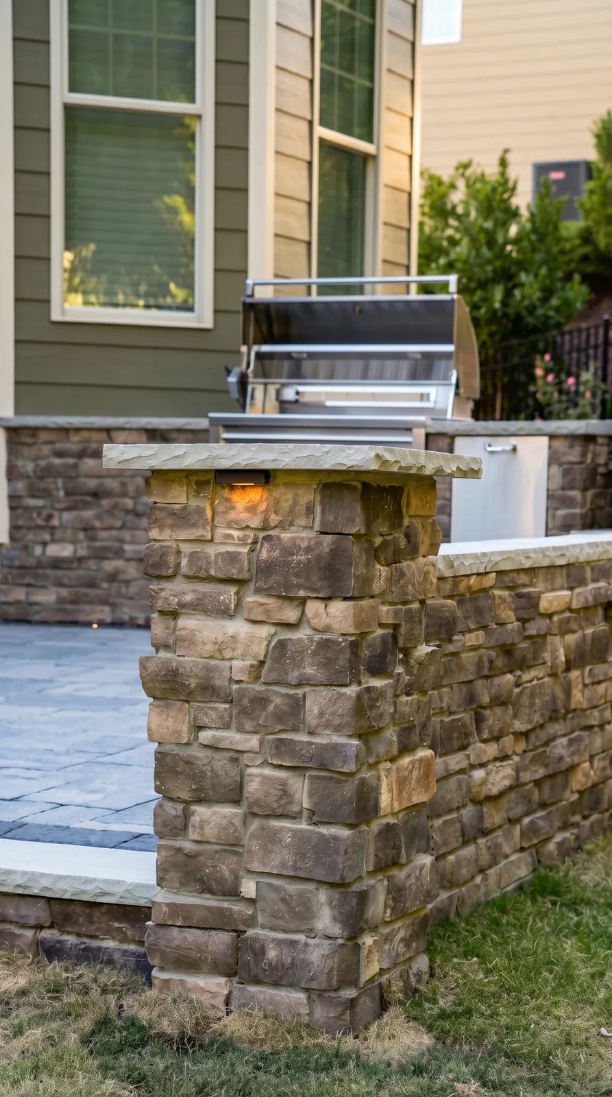 Stone pillar with a light at the end of the grill island