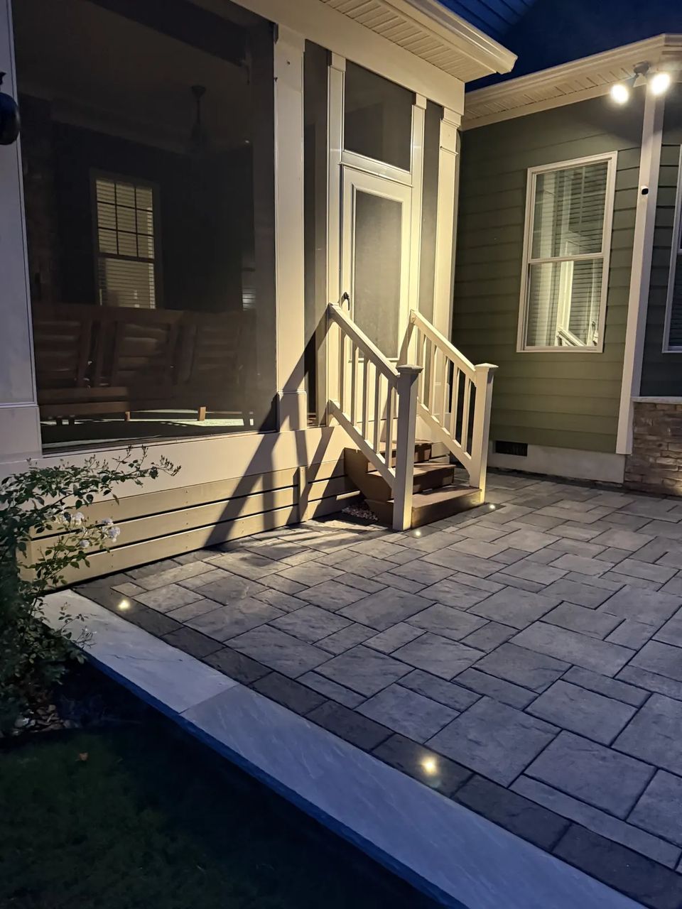 Seat wall pillar and border lights at dusk